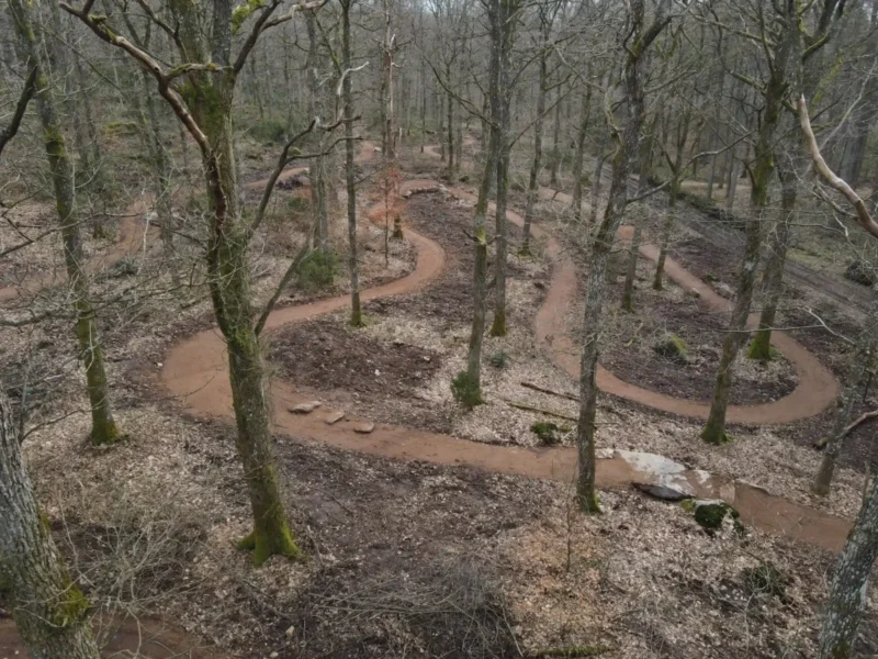 Drönarbild över MTB-leder i Plönninge